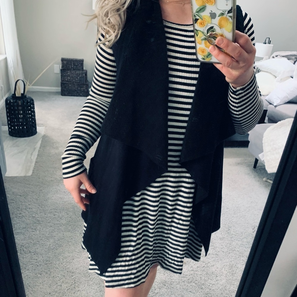 Black White Striped Ribbed Long Sleeve Dress